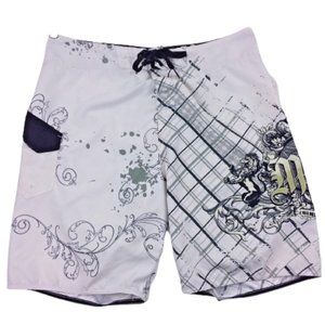 Maui & Sons Boardshorts Drawstring Leg Pocket 9" Inseam White Gray Swim Surf